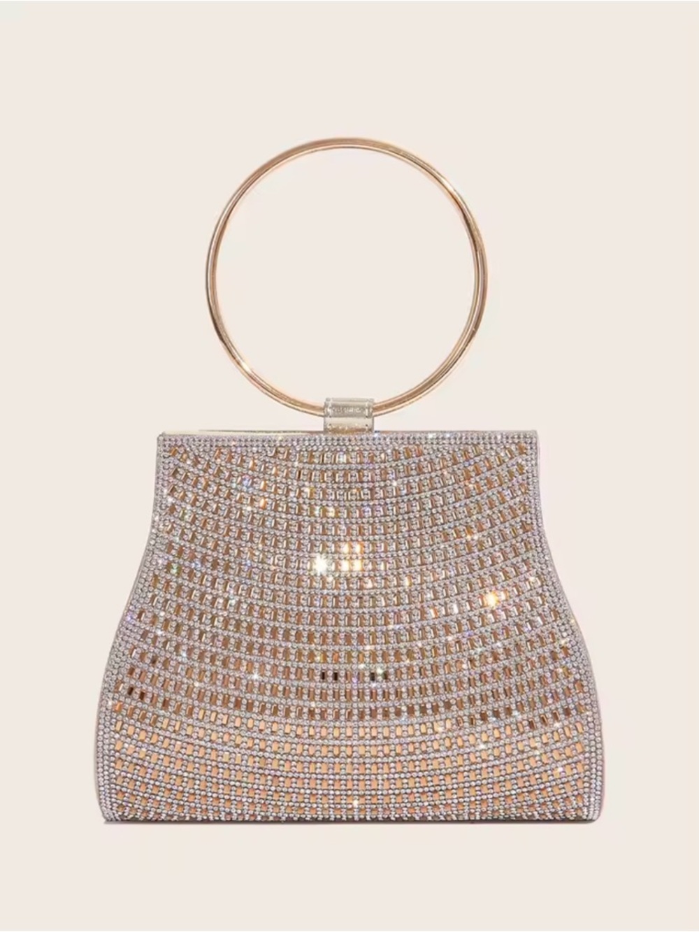 Crystal-Embellished Gold Ring Handle Evening Bag Purse Clutch